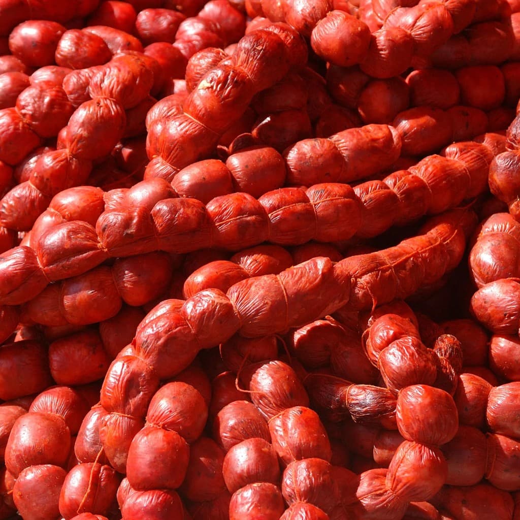 Coils of Goan chouriço (chorizo), spiced, cured sausages tied in strings